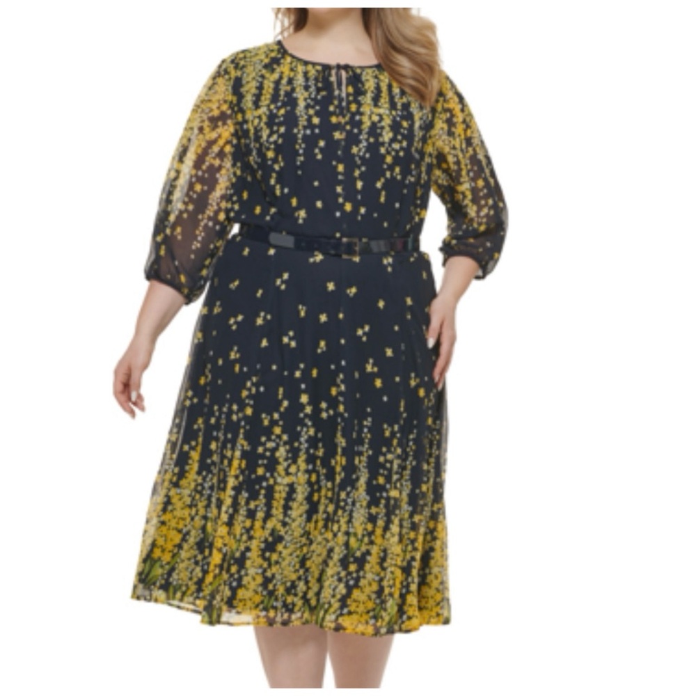 🎄 362. TOMMY HILFIGER navy blue & yellow florals dress long sleeve keyhole midi